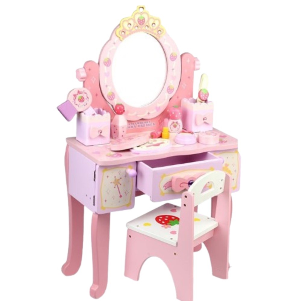 TOCADOR MADERA PRINCESA FRUTILLA INFANTIL CON SILLA Y SET DE BELLEZA - 1