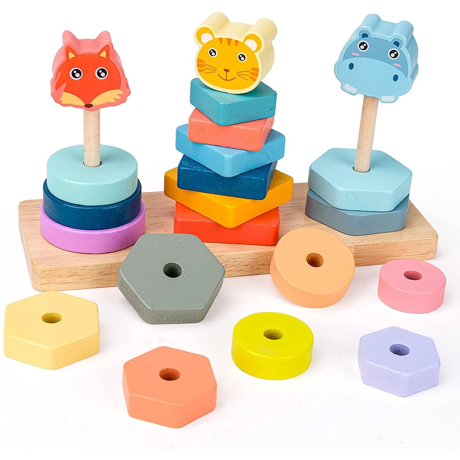 JUEGO DIDACTICO MADERA ENCAJE APILAR ANIMALES TRIPLE - 1