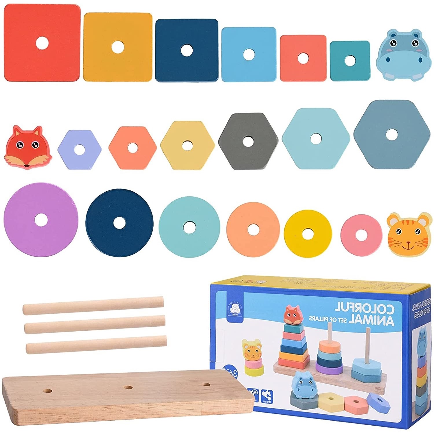 JUEGO DIDACTICO MADERA ENCAJE APILAR ANIMALES TRIPLE - 2