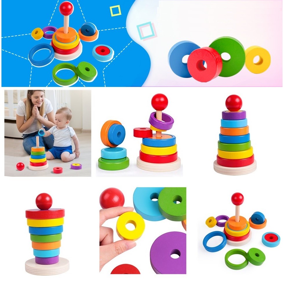 JUEGO DIDACTICO MADERA ENCAJE APILAR TORRE CIRCULOS - 3