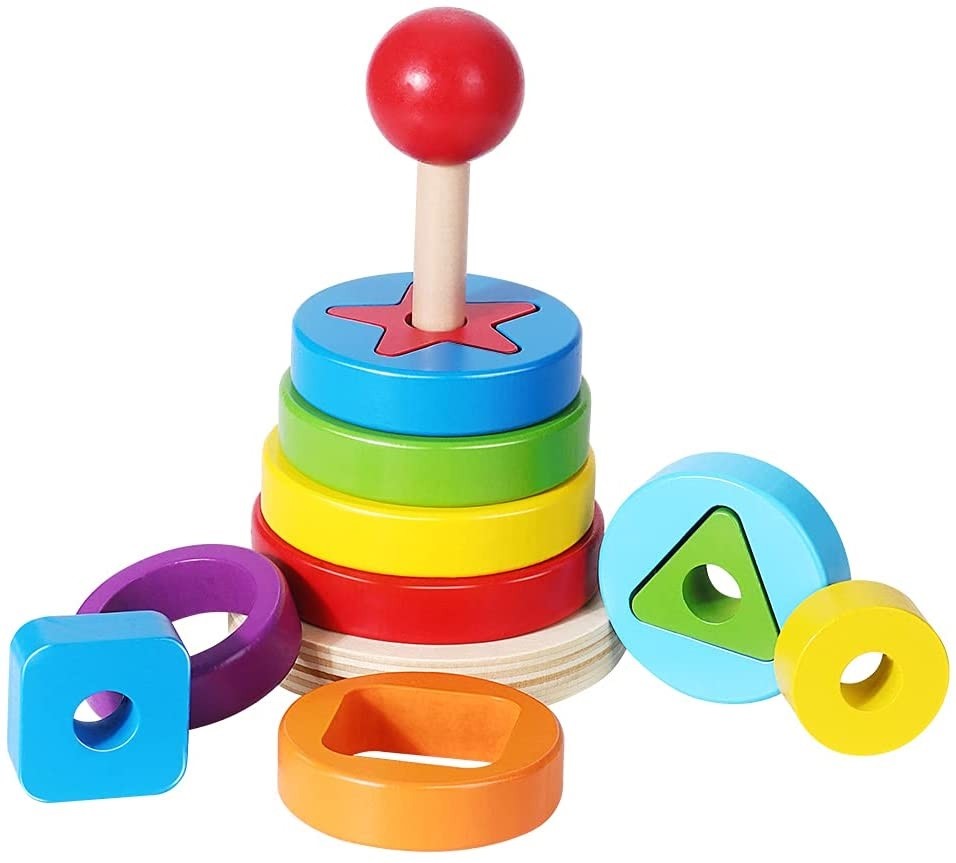 JUEGO DIDACTICO MADERA ENCAJE APILAR TORRE CIRCULOS Y FORMAS - 1