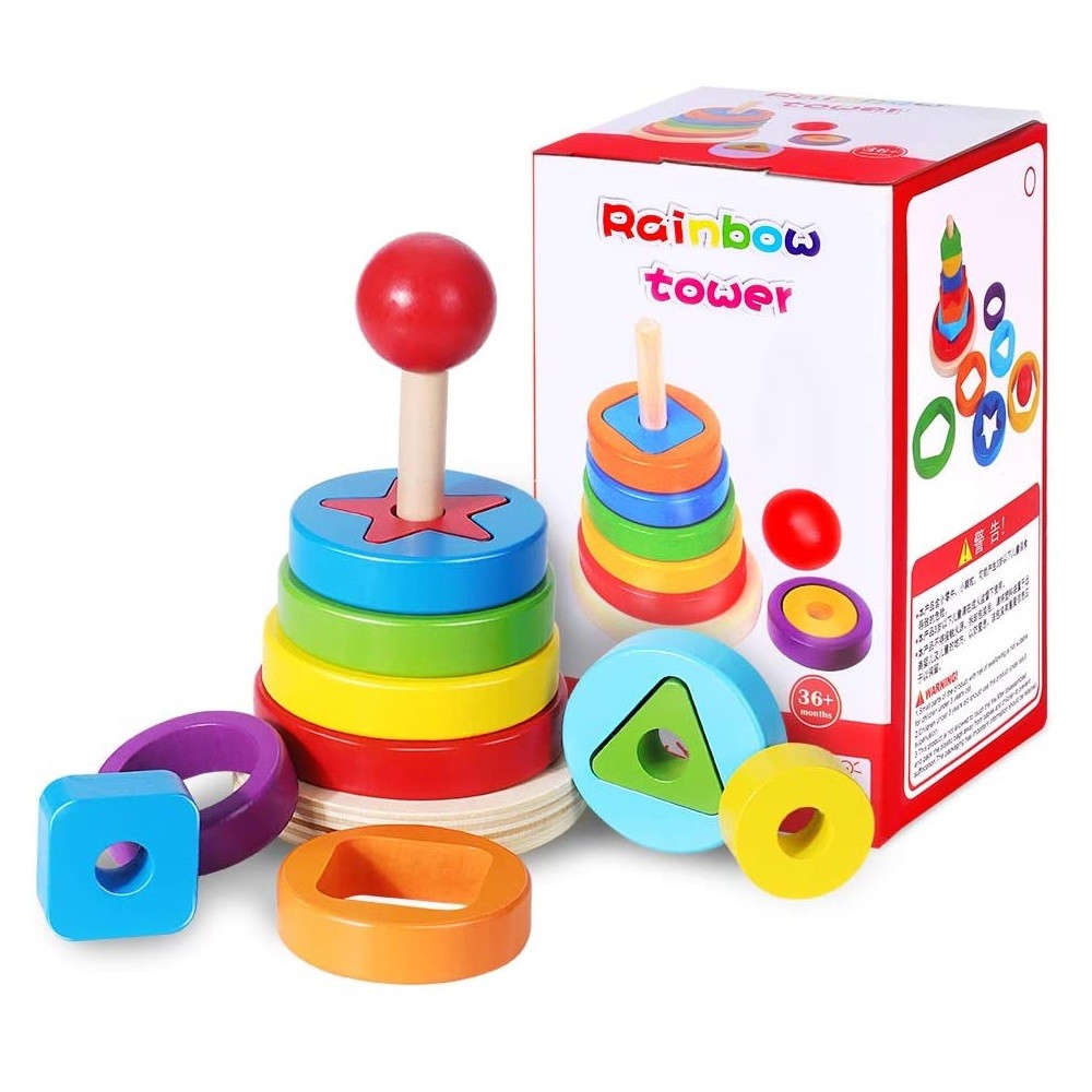 JUEGO DIDACTICO MADERA ENCAJE APILAR TORRE CIRCULOS Y FORMAS - 2