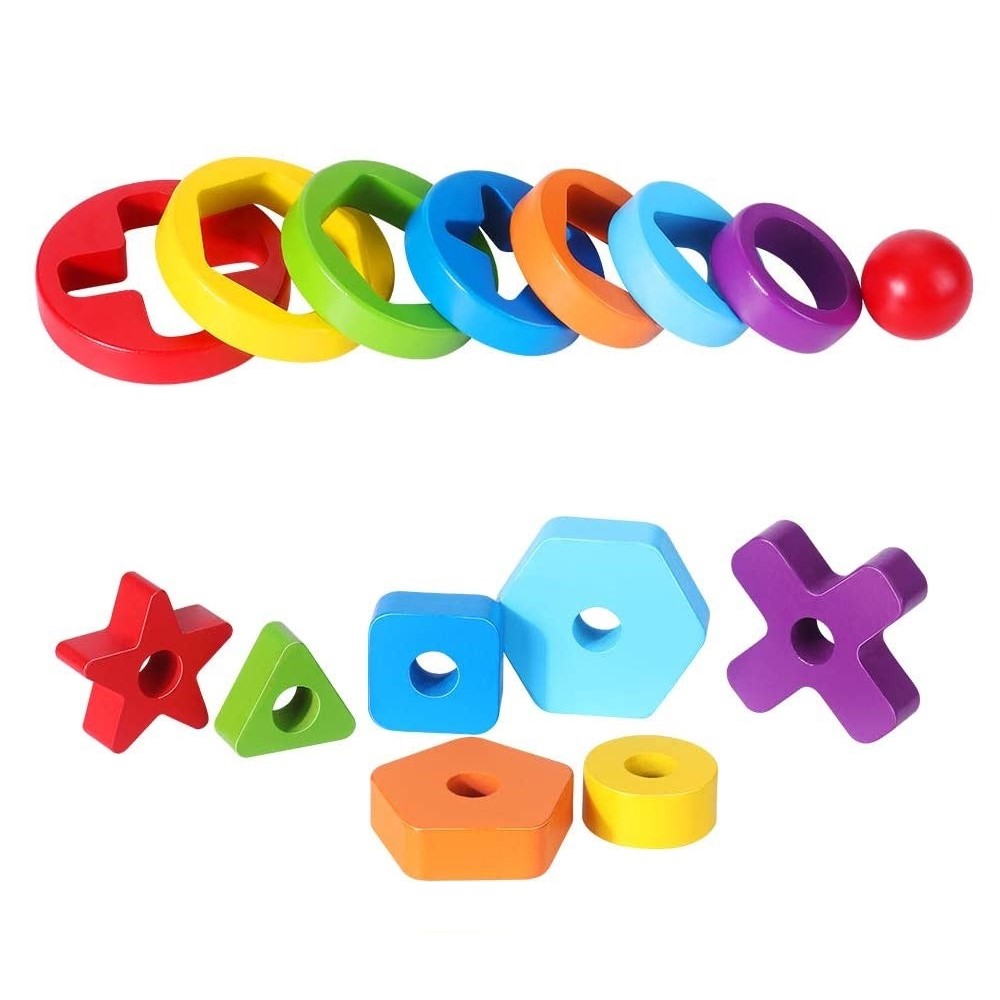 JUEGO DIDACTICO MADERA ENCAJE APILAR TORRE CIRCULOS Y FORMAS - 3