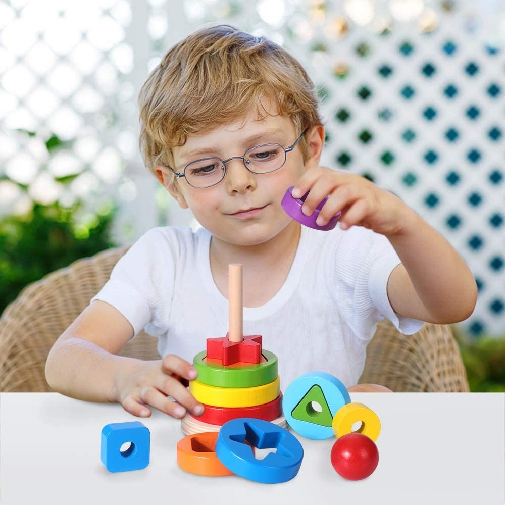 JUEGO DIDACTICO MADERA ENCAJE APILAR TORRE CIRCULOS Y FORMAS - 4