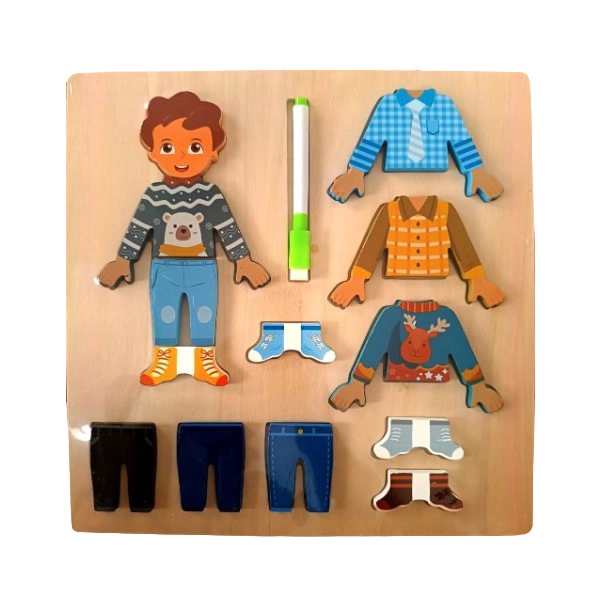 JUEGO DE VESTIR CON ROPA INTERCAMBIABLE Y PIZARRA NIÑO - 1