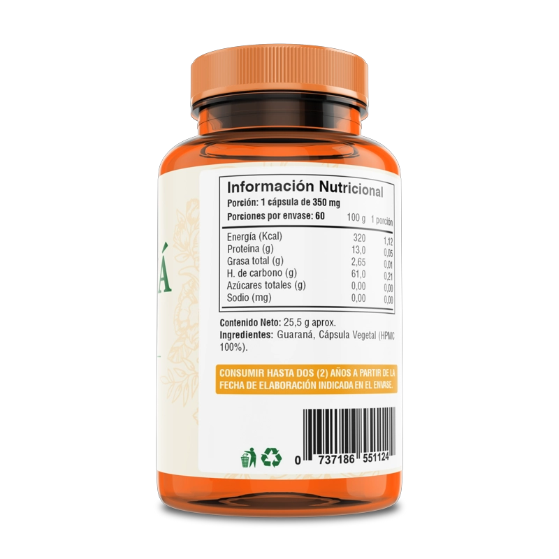 PACK 2 FRASCOS SUPLEMENTO ALIMENTICIO FUENTE VITAL GUARANA CAPSULAS DURAS 60 UN C/U - 2