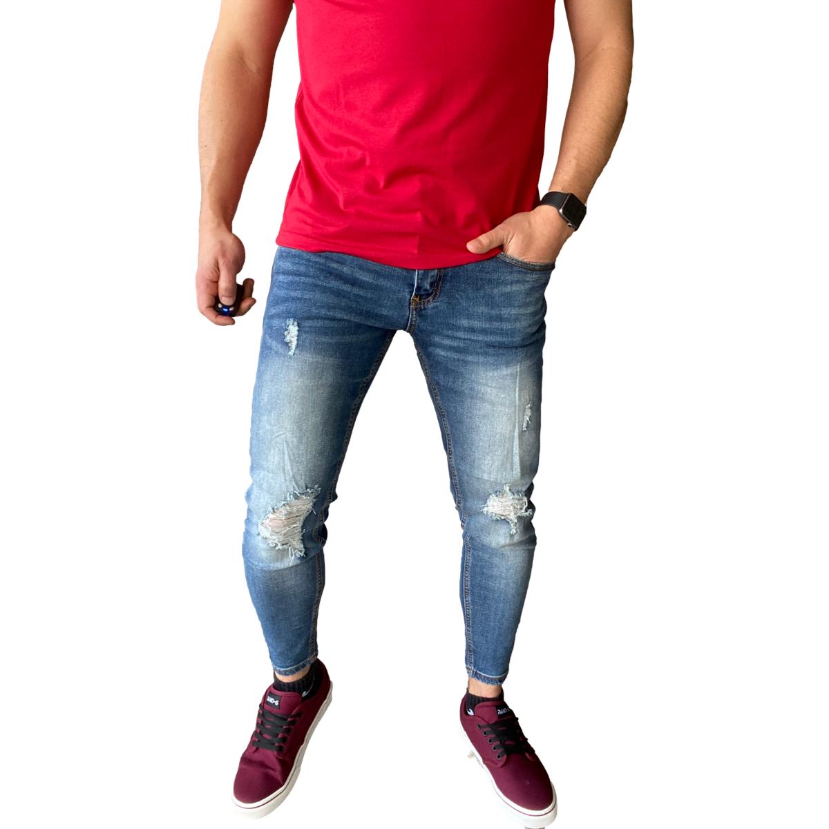 JEANS ALGODÓN HOMBRE MOSAICO AZUL SÚPER SLIM FIT DESTROYED FOCALIZADO - 1