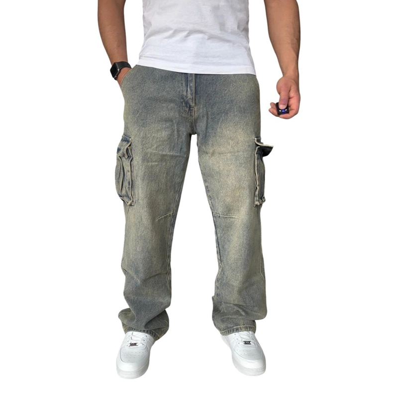 JEANS CARGO RECTO ANCHO BILLY BAGGY FIT TELA RIGIDA - AZUL OSCURO - 42 Caramelo 46