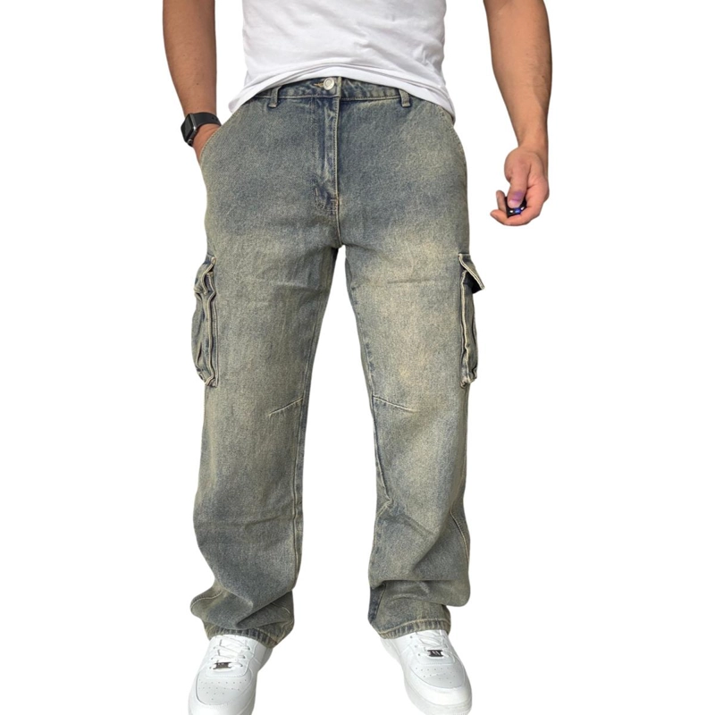 JEANS CARGO RECTO ANCHO BILLY BAGGY FIT TELA RIGIDA - AZUL OSCURO - 42 - 9