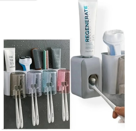 DISPENSADOR CREMA DENTAL PORTACEPILLOS 4 ENVASES 8 CEPILLO - 1
