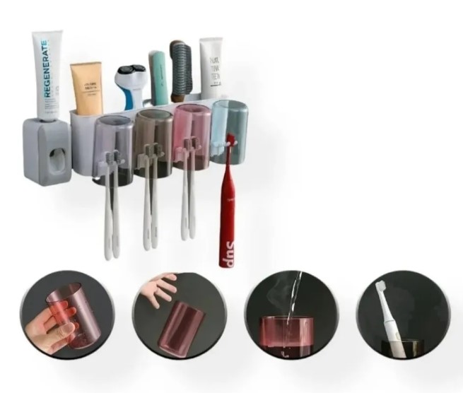 DISPENSADOR CREMA DENTAL PORTACEPILLOS 4 ENVASES 8 CEPILLO - 4