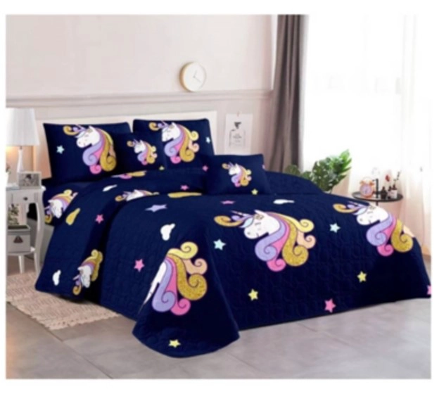 CUBRECAMA 1.5 PLAZAS ALGODÓN AZUL MARINO QUILT VERANO TIPO NIÑA UNICORNIO - 1