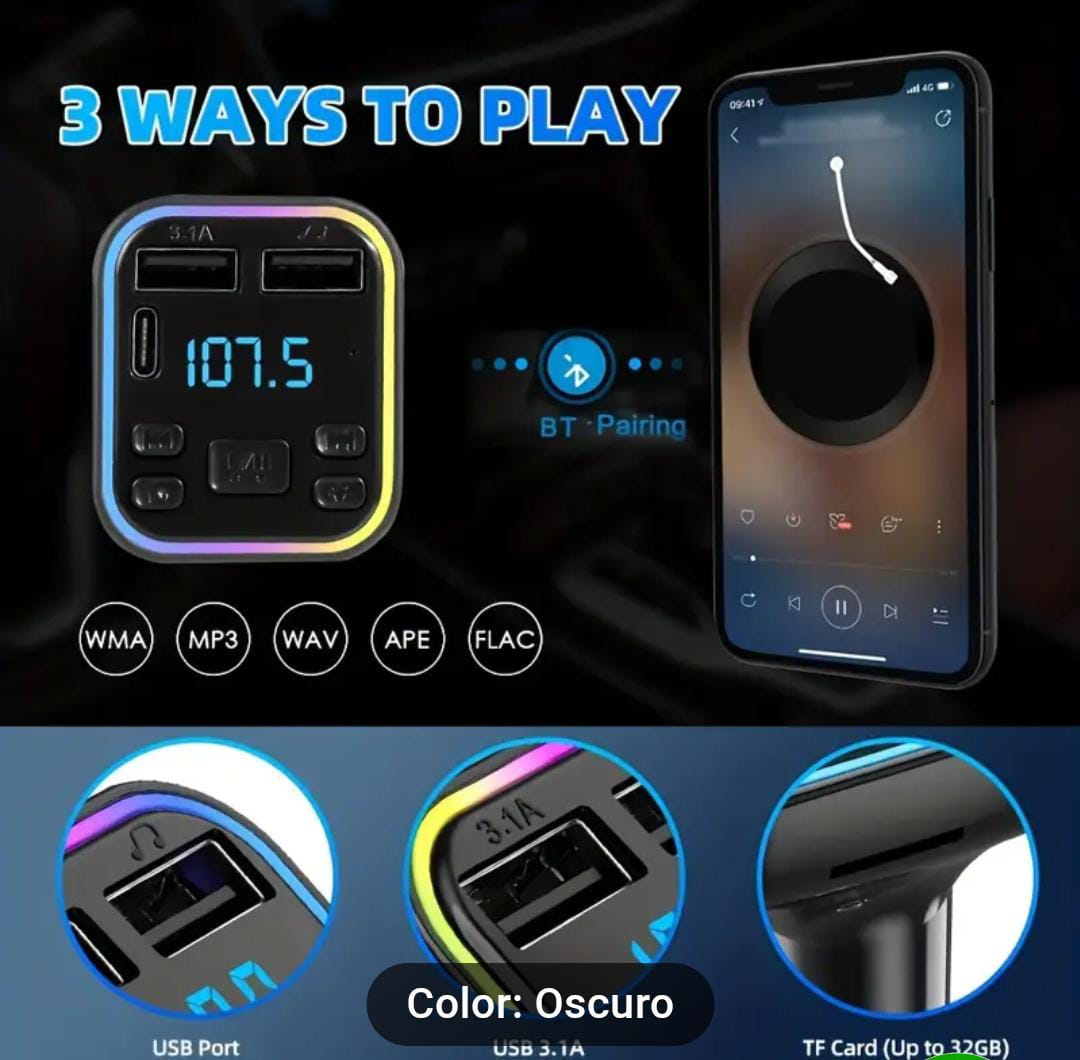 TRANSMISOR BLUETOOTH A FM G38 CON 2 USB Y 1 TIPO C CON LED RGB - 4