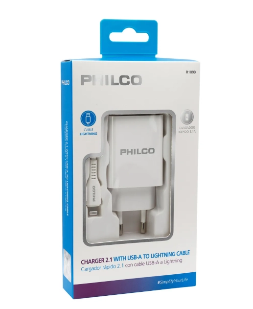 CARGADOR DE PARED DOBLE USB + CABLE IPHONE PHILCO R1090 - 1
