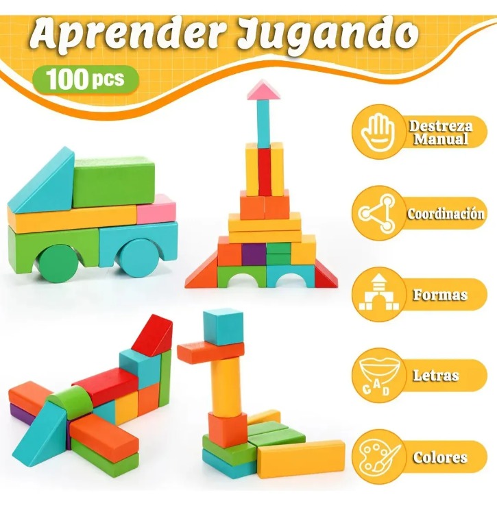 JUEGO DE BLOQUES DE CONSTRUCCION MADERA NIÑOS REGALOS 100 PIEZAS - 1