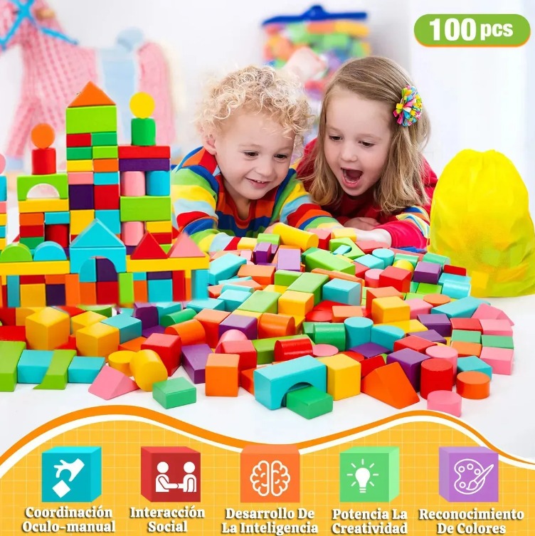 JUEGO DE BLOQUES DE CONSTRUCCION MADERA NIÑOS REGALOS 100 PIEZAS - 5