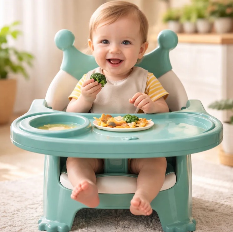SILLA PARA COMER PORTATIL DE BEBE  NIÑOS 2 EN 1 CON CORONA VERDE - 3