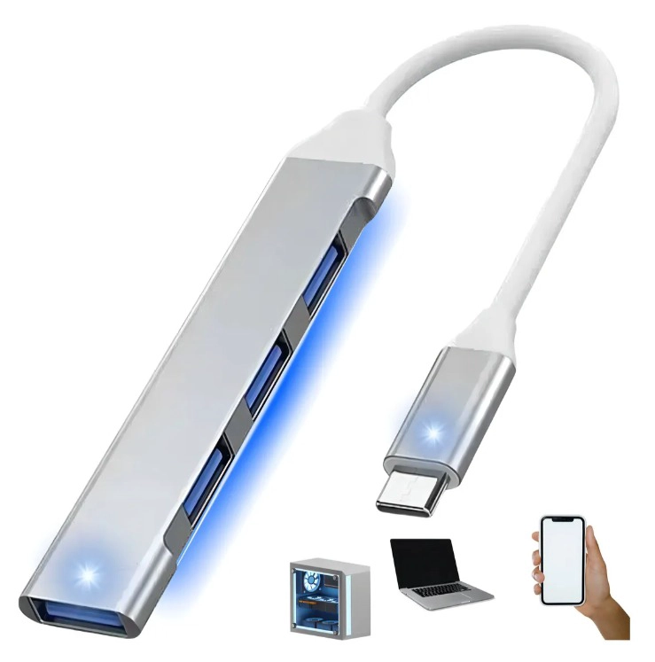 HUB USB TIPO C 4 PUERTOS 3.0 ADAPTADOR MULTIPUERTO COMPATIBLE CON MACBOOK  PC CELULAR - 1