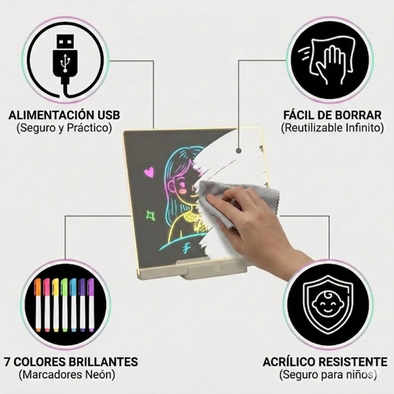 PIZARRA MAGICA LED LUMINOSA ACRILICA+7 PLUMONES NEON 30X20CM - 6
