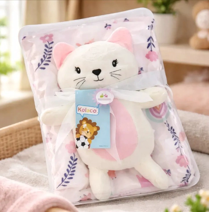 MANTA CON PELUCHE DE APEGO PARA BEBES FRAZADA SUAVE GATITO ROSA - 2