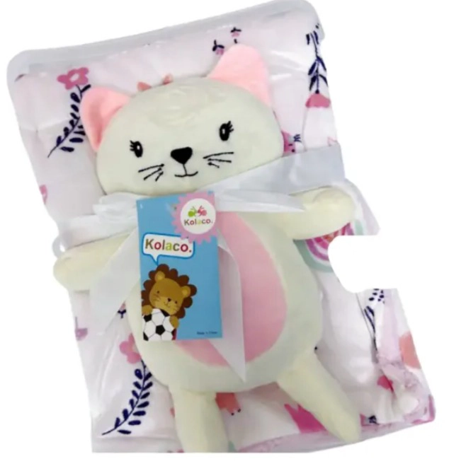 MANTA CON PELUCHE DE APEGO PARA BEBES FRAZADA SUAVE GATITO ROSA - 3