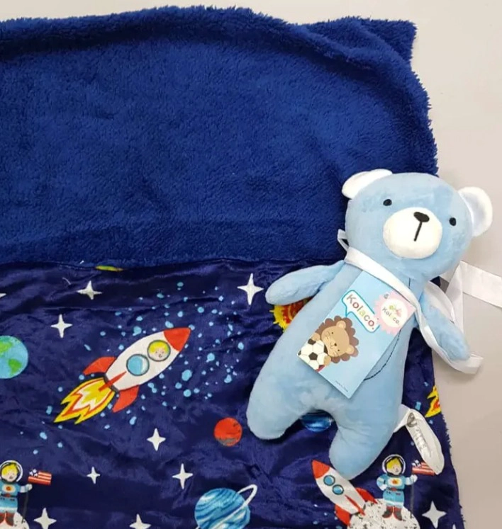 MANTA CON PELUCHE DE APEGO PARA BEBES FRAZADA SUAVE OSO AZUL - 1