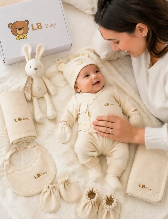 SET BIENVENIDA BEBE  X8 ALGODON REGALO RECIE N NACIDO BEIGE - 2