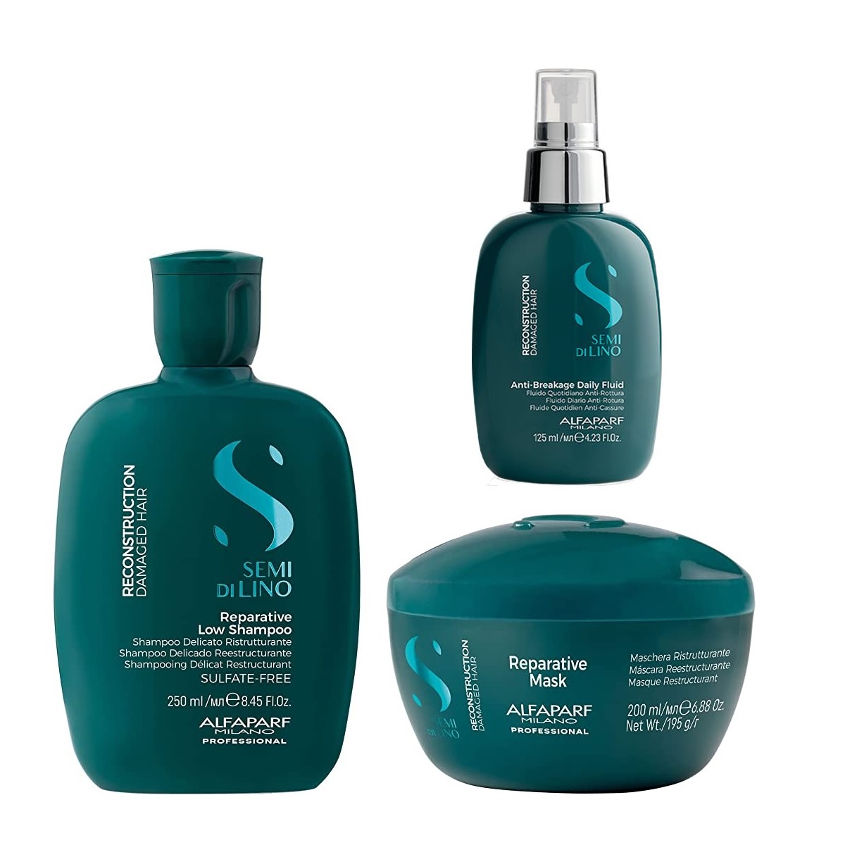ALFAPARF KIT SHAMPOO + MASCARILLA + FLUIDO RECONSTRUCCION SEMI DI LINO - 1