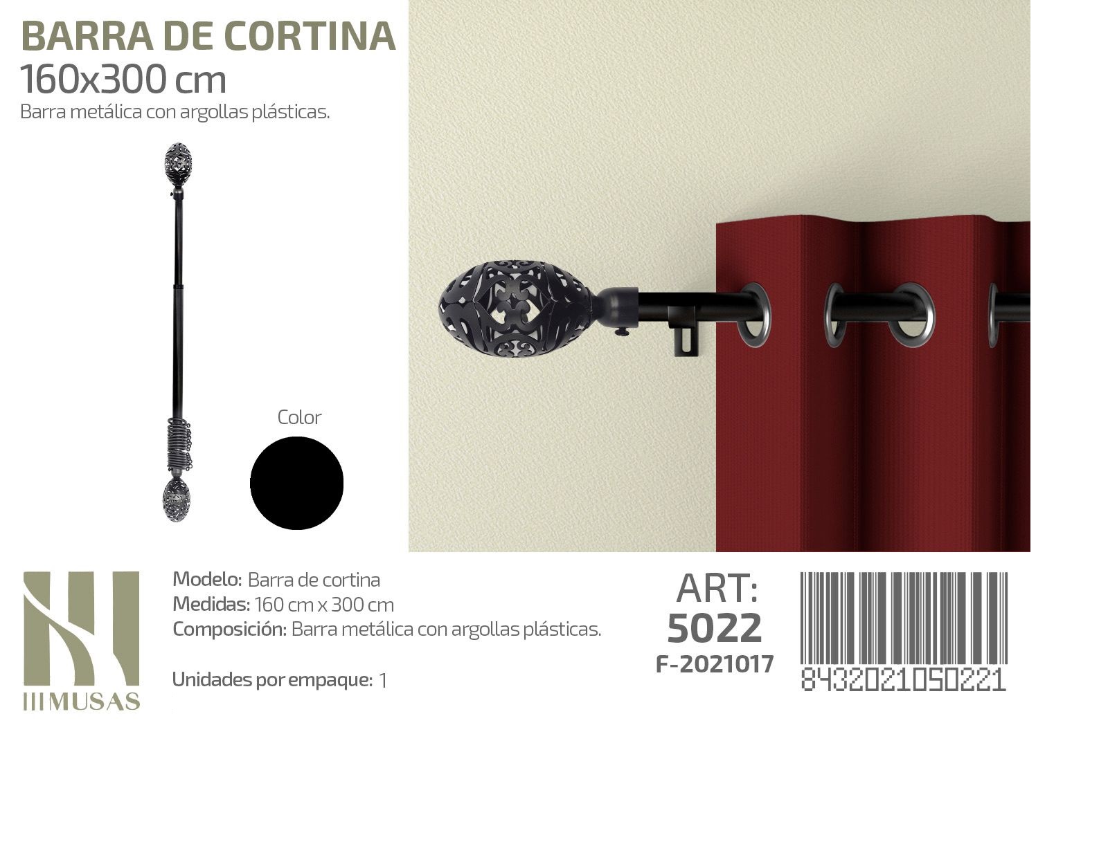 BARRA DE CORTINA METALICA NEGRO MEDIDAS 160-3O0 - 1