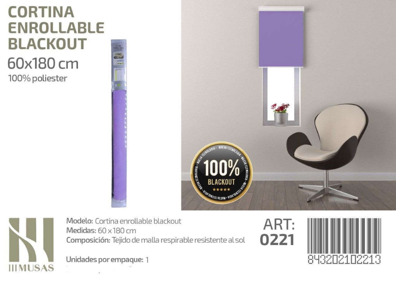 CORTINA ROLLER ENROLLABLE BLACKOUT 60 CM X 180 CM - 1