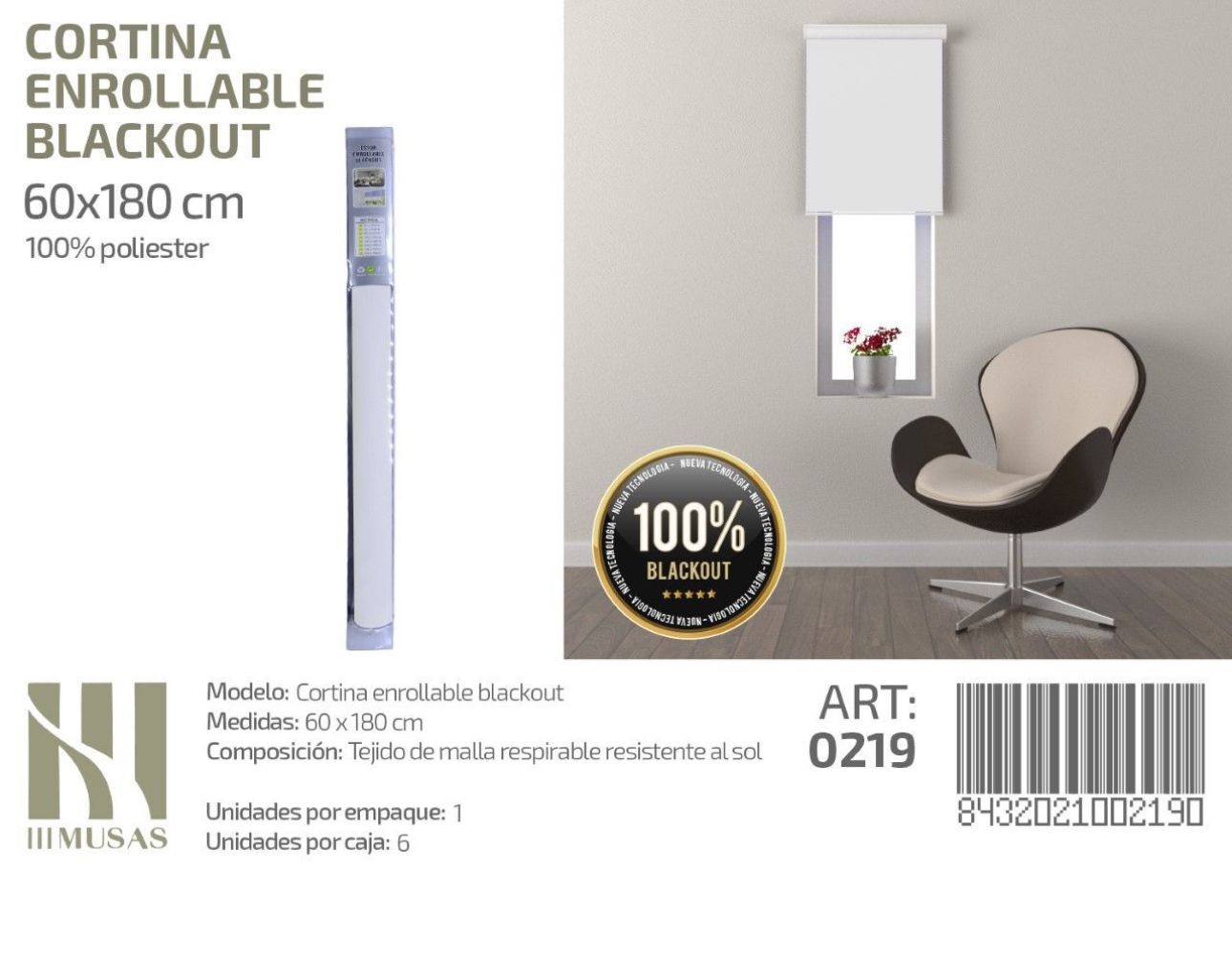 CORTINA ROLLER ENROLLABLE BLACKOUT 60 CM X 180 CM - 1
