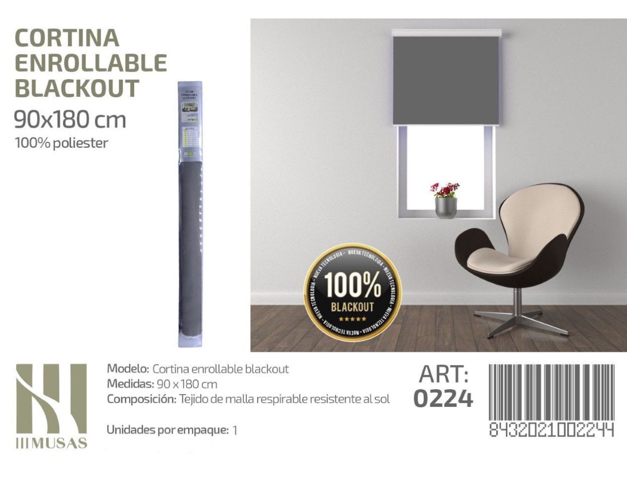 CORTINA ROLLER BLACKOUT 90 CM X 180 CM - 1