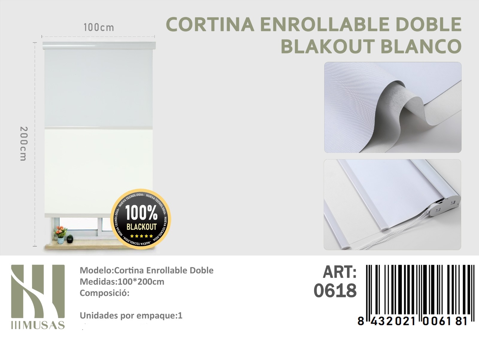 CORTINA ROLLER BLACKOUT DOBLE TELA 100X200CM - 1