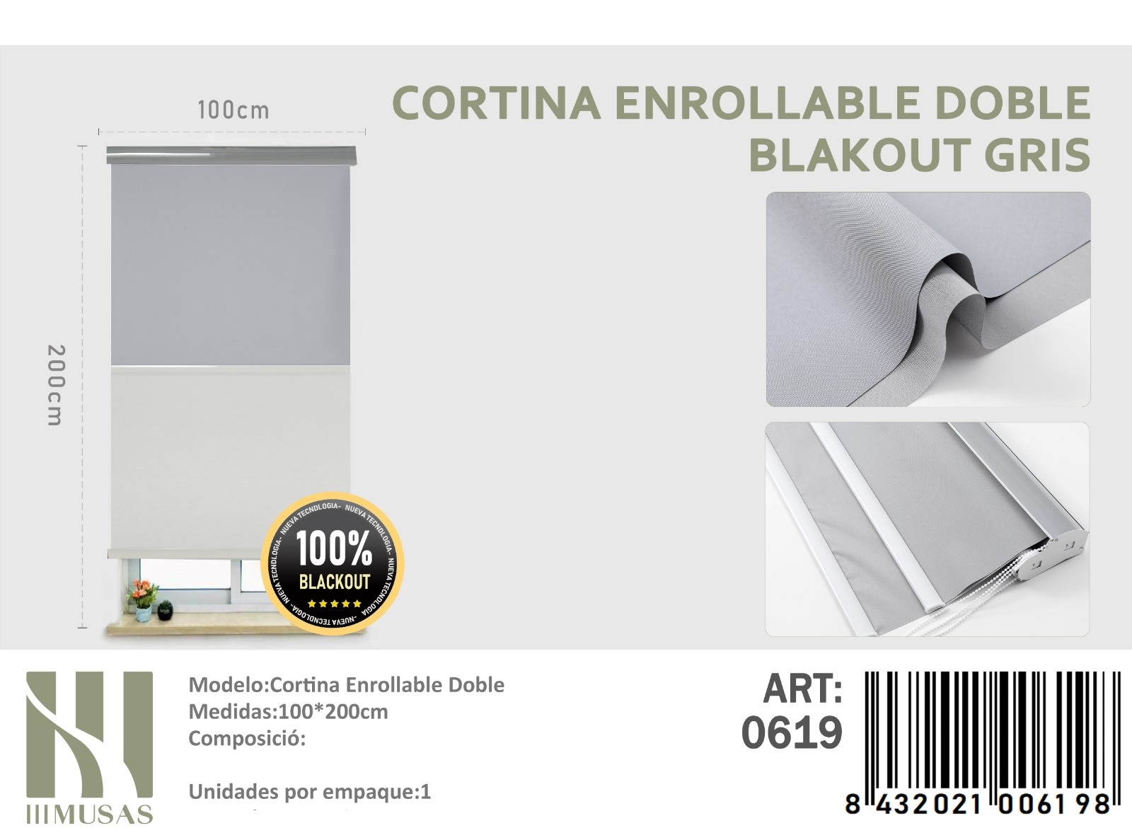 CORTINA ROLLER BLACKOUT DOBLE TELA 100X200CM - 1