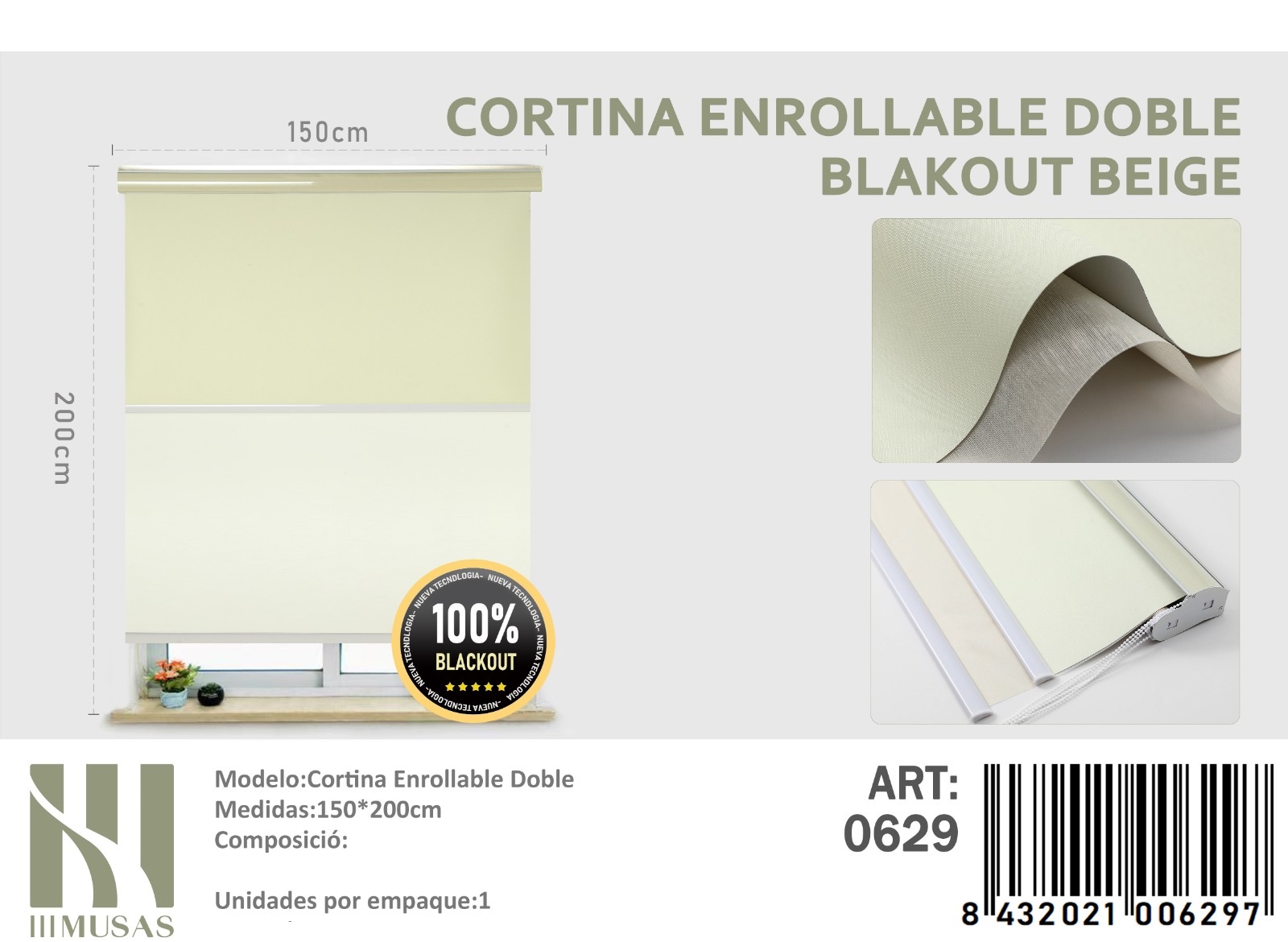 CORTINA ROLLER BLACKOUT DOBLE TELA 150X200CM - 1