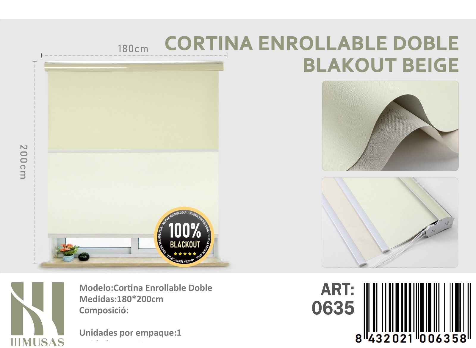 CORTINA ROLLER BLACKOUT DOBLE TELA 180X200CM - 1
