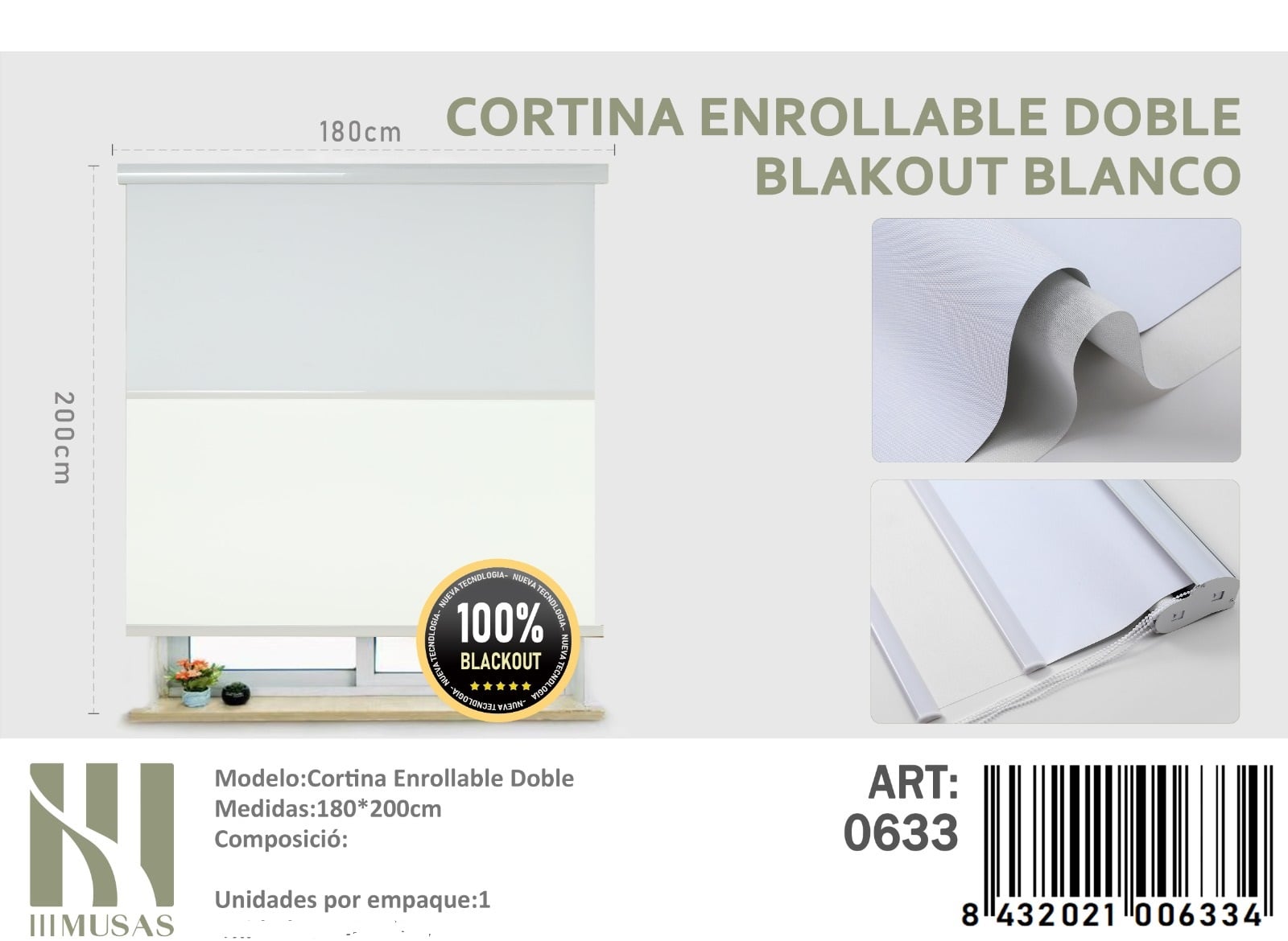CORTINA ROLLER BLACKOUT DOBLE TELA 180X200CM - 1