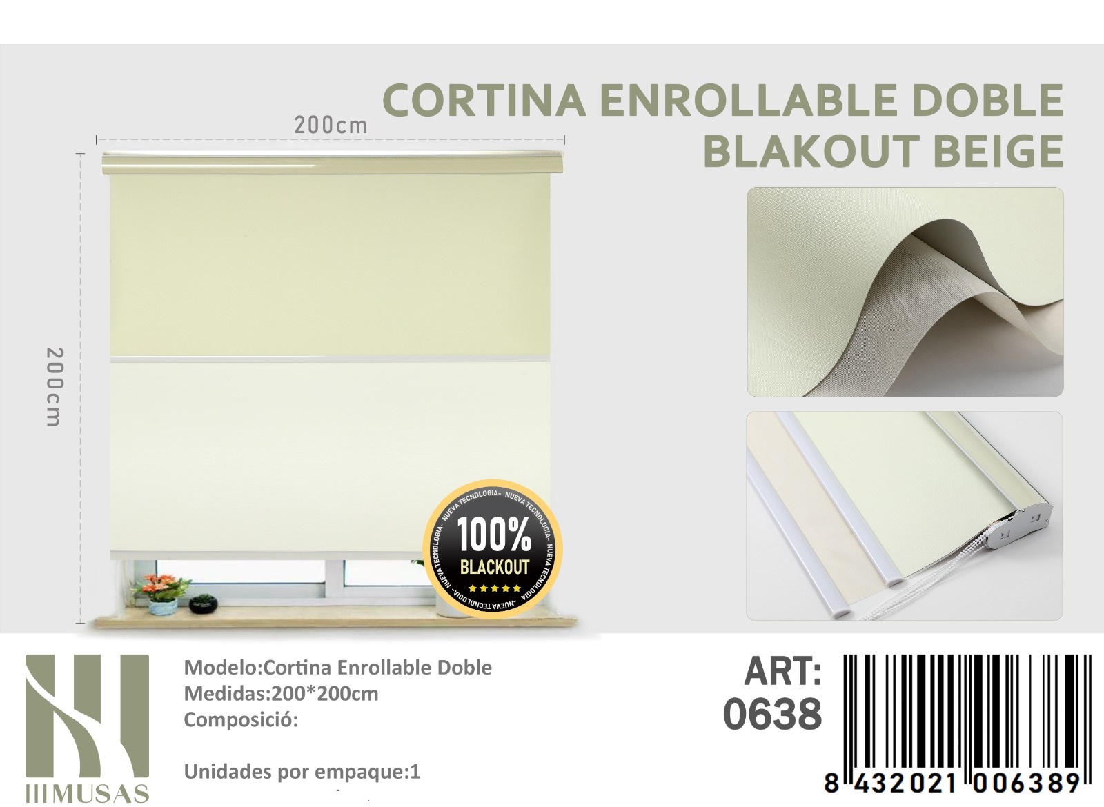 CORTINA ROLLER BLACKOUT DOBLE TELA 200X200CM - 1