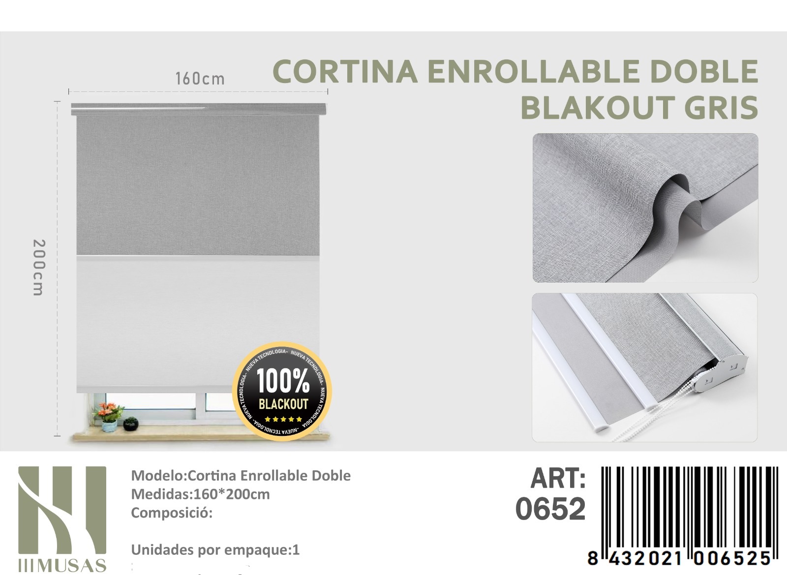 CORTINA ROLLER BLACKOUT DOBLE JASPEADA 160X200 - 1