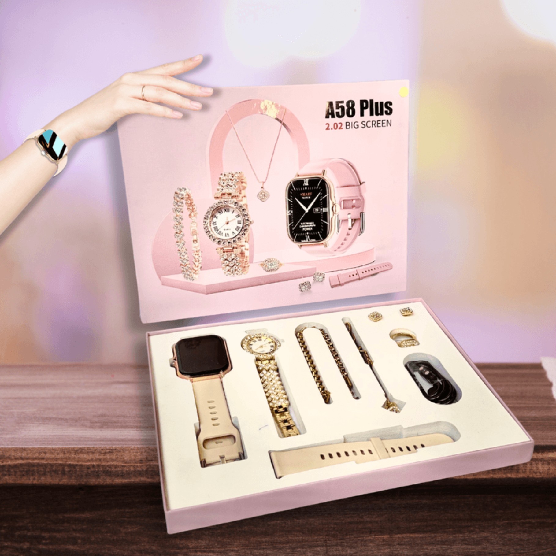 SMART WATCH RELOJ Y SET 7 EN 1 DE JOYERÍA A58 PLUS - 1