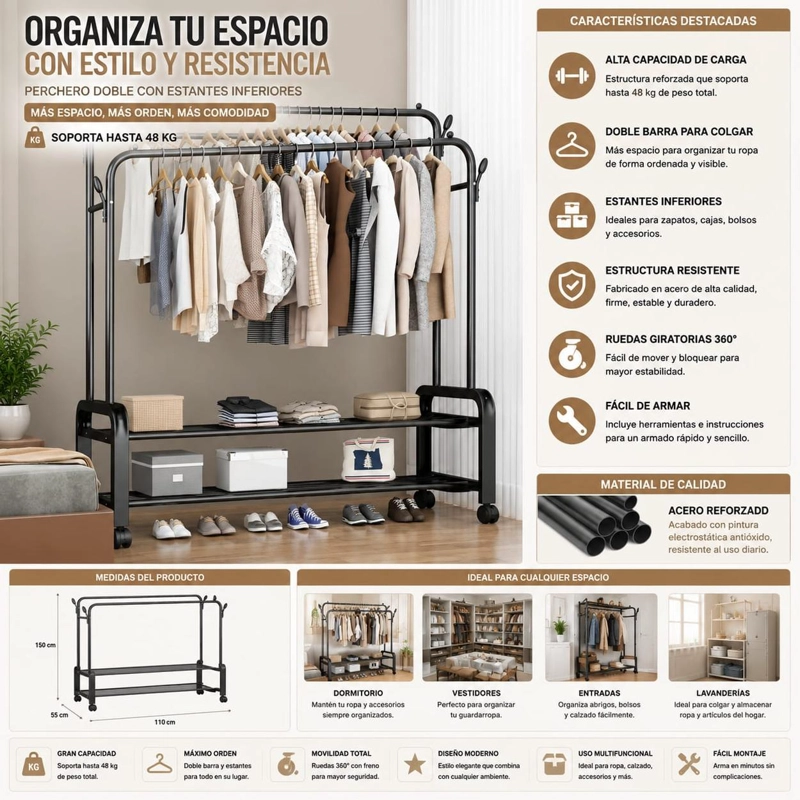 PERCHERO DOBLE COLGADOR DE ROPA HOGAR 48KILOS - 1
