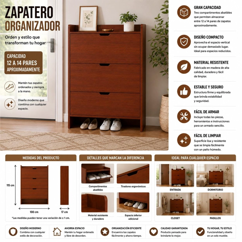 MUEBLE ZAPATERO ORGANIZADOR ESTANTE PARA ZAPATOS EN COLOR CAFE - 1