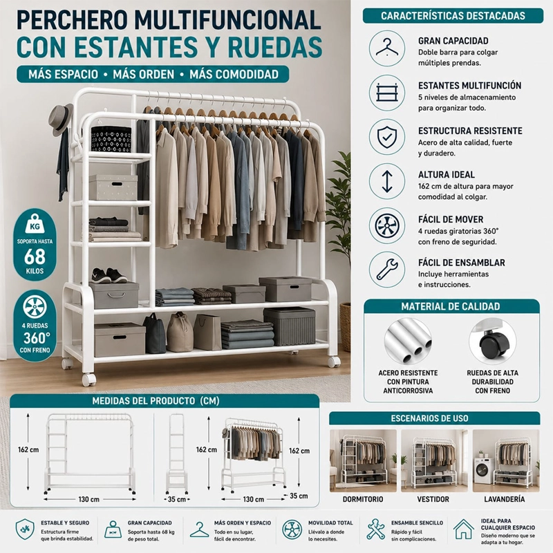 PERCHERO DE FIERRO ORGANIZADOR DE ROPA BLANCO 68KL - 1
