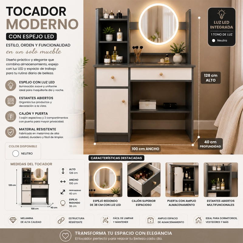 COMODA TOCADOR MODERNO GRIS CON 3 AJUSTES DE BRILLO - 1