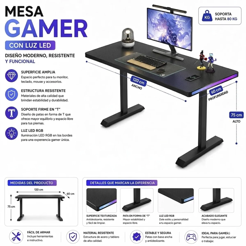 ESCRITORIO GAMING 120 CM CON LUZ RGB, SUPERFICIE ANTIDESLIZANTE Y PATAS EN T - 1