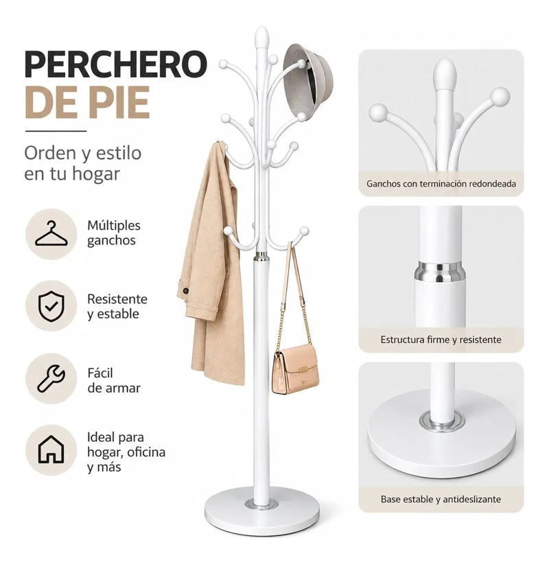 PERCHERO METALICO ORGANIZADOR DE ROPA Y ACCESORIOS  BLANCO - 1