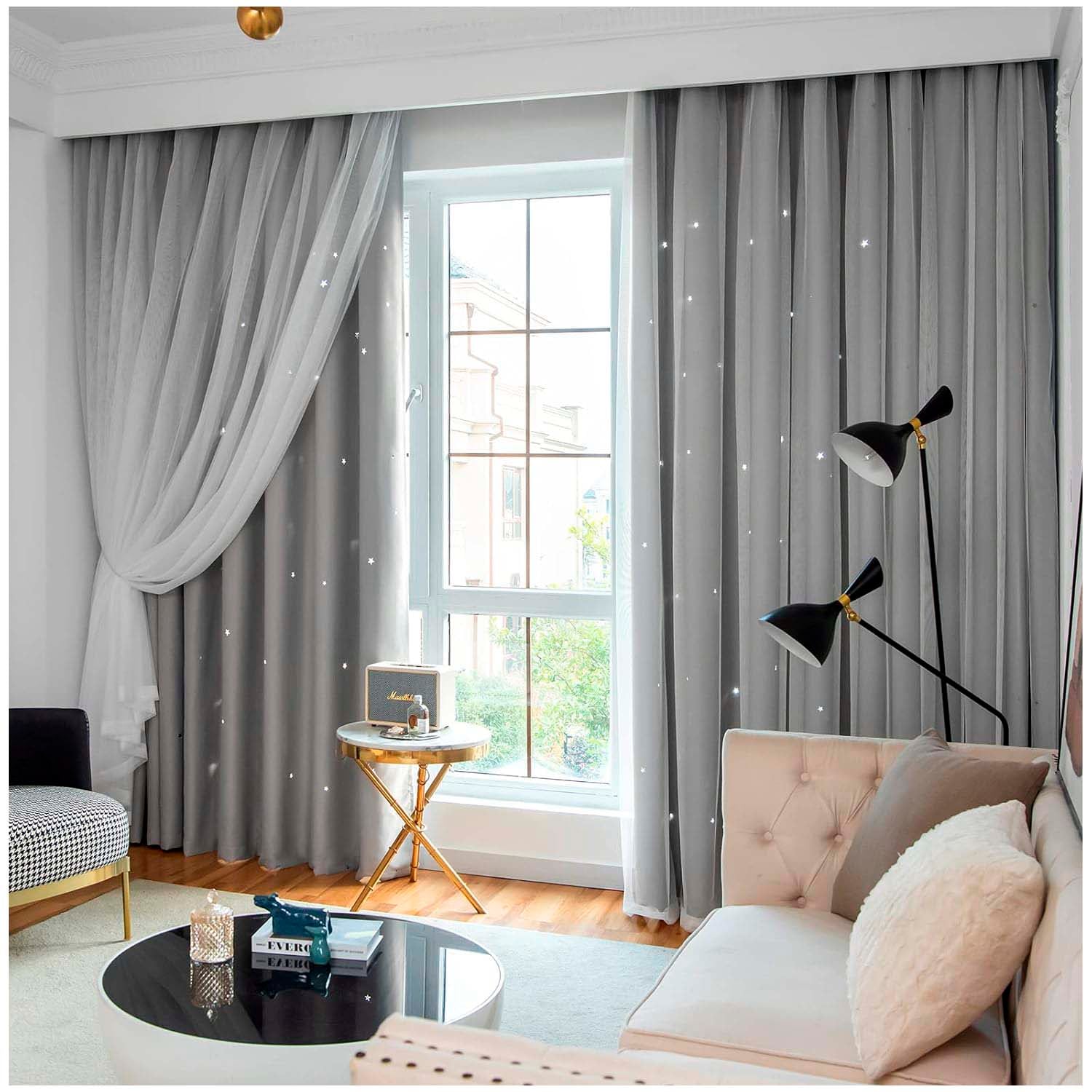 CORTINAS BLACKOUT CON AGUJERO ESTRELLA Y VISILLO INTEGRADO - GRIS - 1