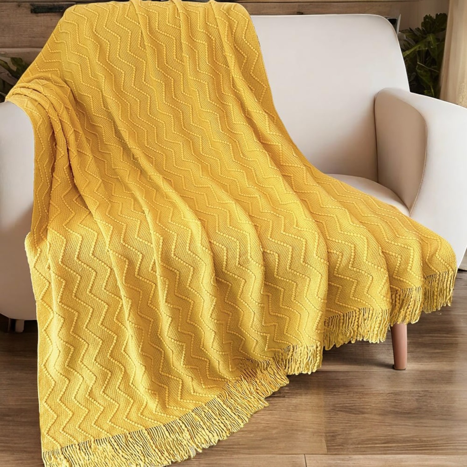 MANTA DE LANA CON FLECOS 120X210 CM EN COLOR AMARILLO - 1