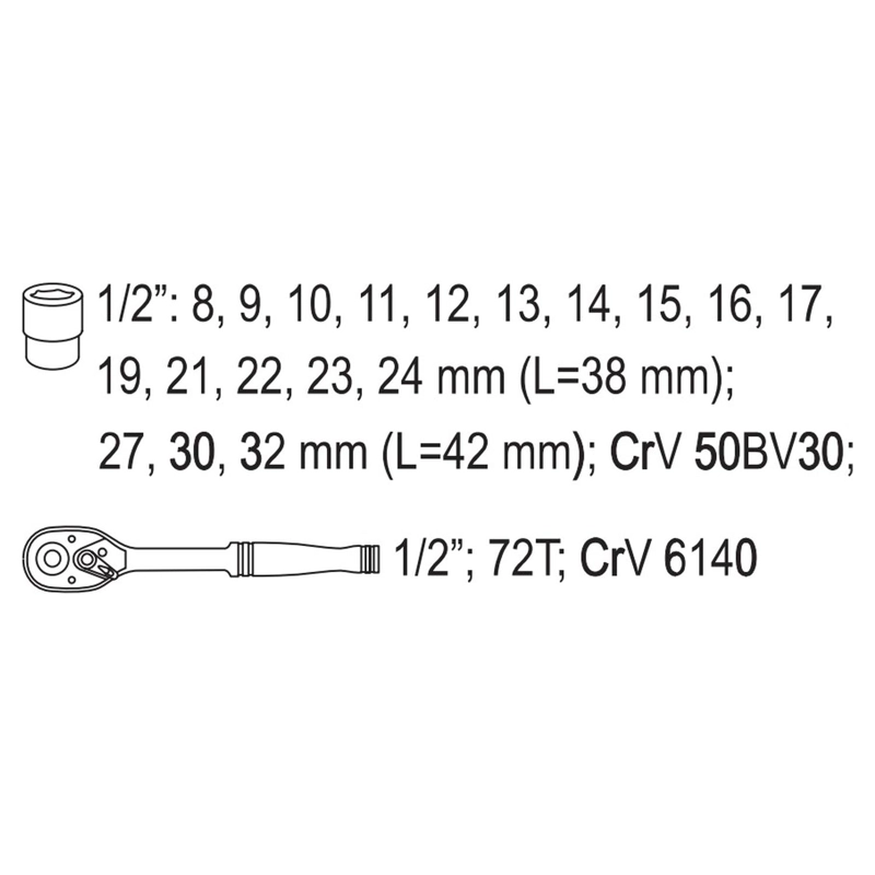 JUEGO 19 DADOS CON CHICHARRA YATO YT-38681 1/2'' 8-32MM - 4