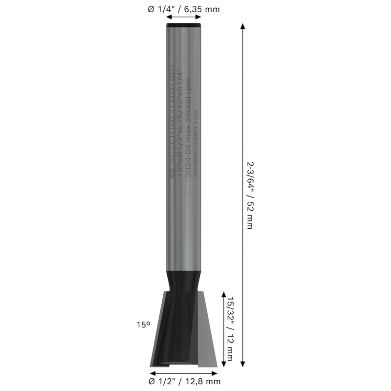 FRESA COLA DE MILANO PRO 15° VASTAGO 1/4'' MADERA - BOSCH - 3